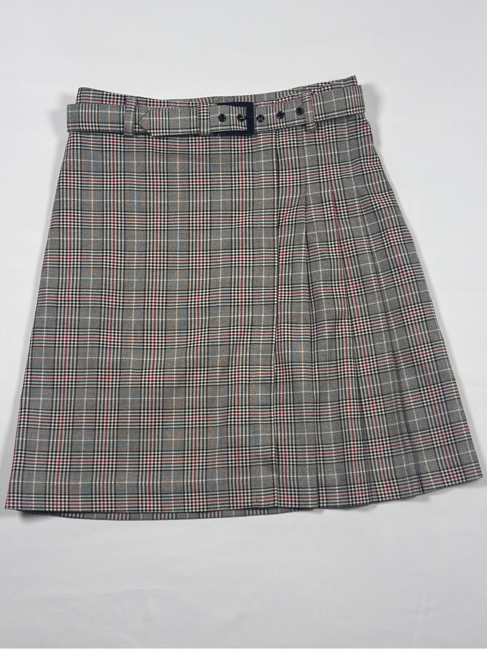 Tristan Gray Plaid Belted Mini Skirt with Red Accent